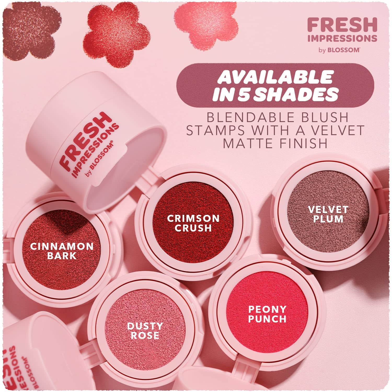 Fresh Impressions Hyper Pigmented Buildable Blendable Cushion Cream Blush Face Tint Cheek Stamp with Velvet Matte Finish & Flower Shaped Applicator, 0.17Oz/5G, Peony Punch