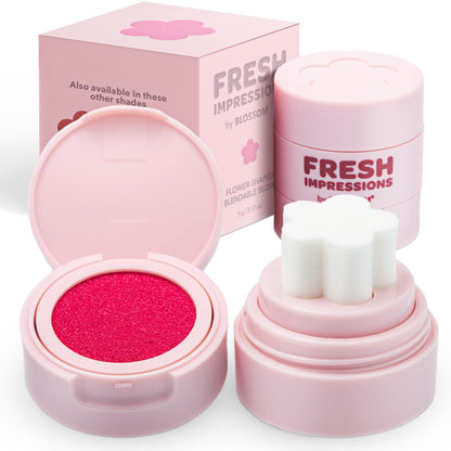 Fresh Impressions Hyper Pigmented Buildable Blendable Cushion Cream Blush Face Tint Cheek Stamp with Velvet Matte Finish & Flower Shaped Applicator, 0.17Oz/5G, Peony Punch