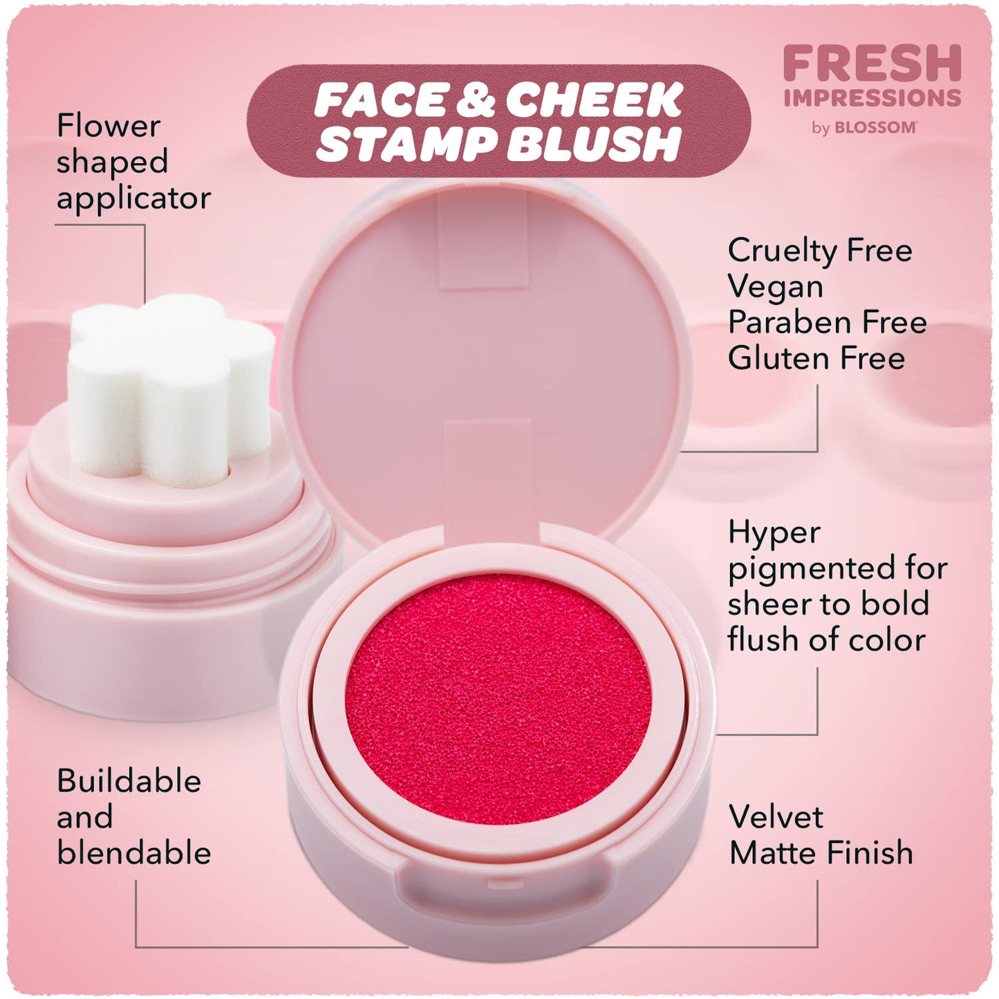 Fresh Impressions Hyper Pigmented Buildable Blendable Cushion Cream Blush Face Tint Cheek Stamp with Velvet Matte Finish & Flower Shaped Applicator, 0.17Oz/5G, Peony Punch